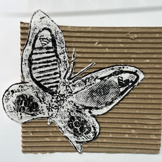 A school students collagraph artwork of a butterfly 